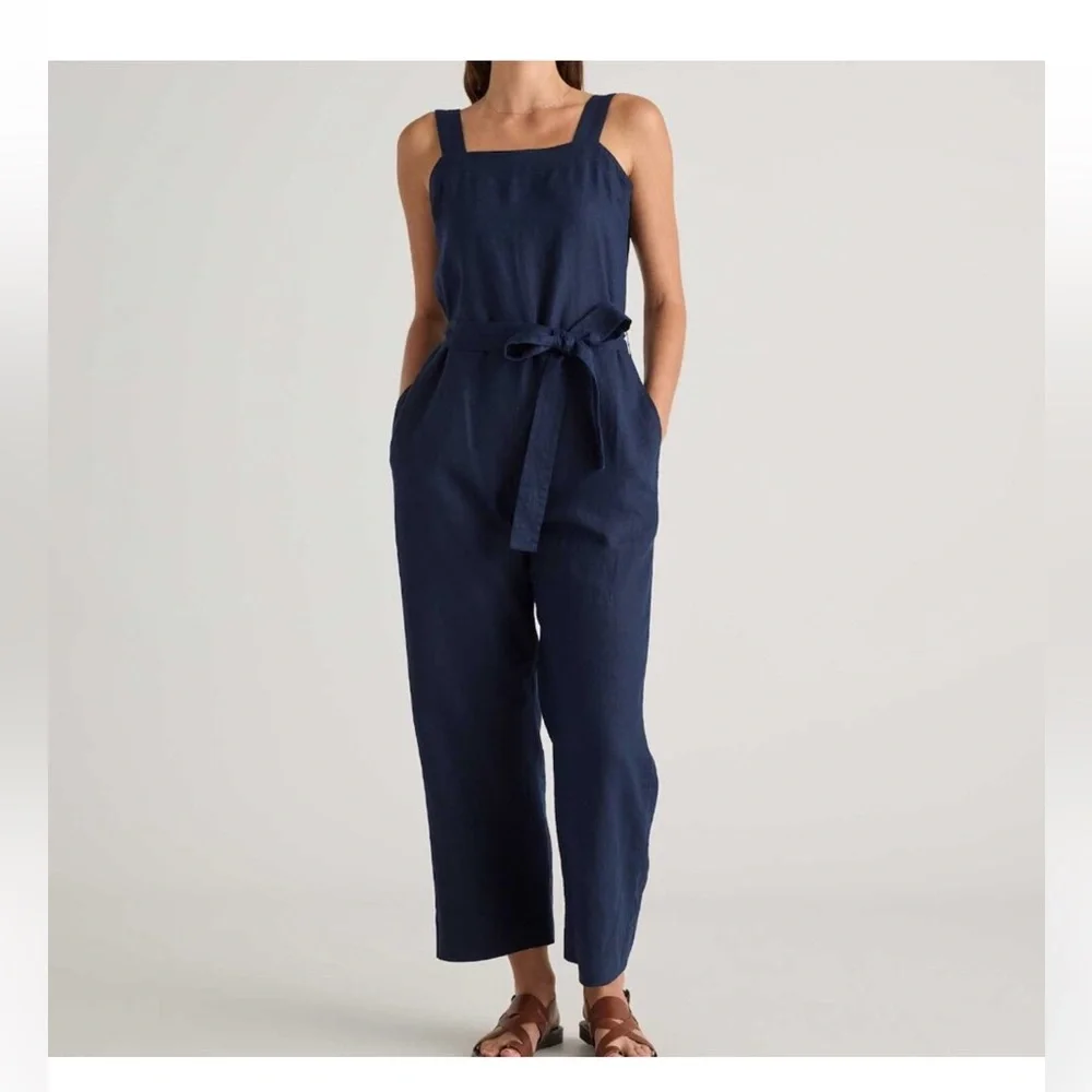 Like New Quince 100% European Linen Square Neck Jumpsuit Deep Navy Small